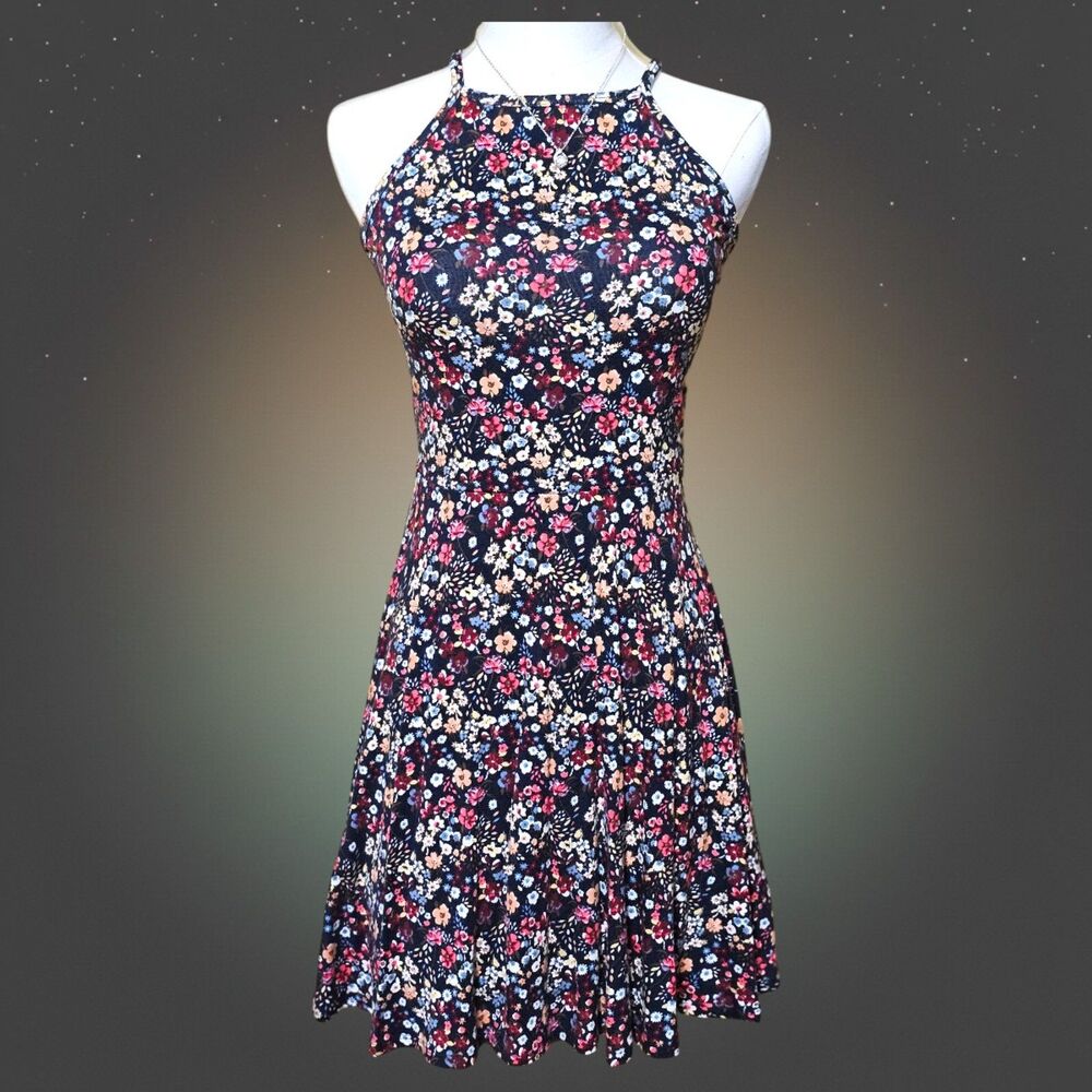 Hollister Women's M Floral Fit & Flare Dress Open Back Criss Cross Cottagecore